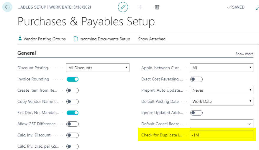 Purchases & Payables Setup General Tab